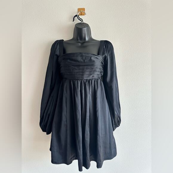 Abercrombie Black Satin Puff Sleeve Babydoll Mini Dress XS Petite Square Neck - Picture 1 of 6